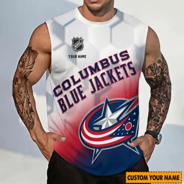 [SUPER SALE] NEW CUSTOMIZED NHL18 CBJ COLUMBUS BLUE JACKETS TANK TOP & GYM SHIRT