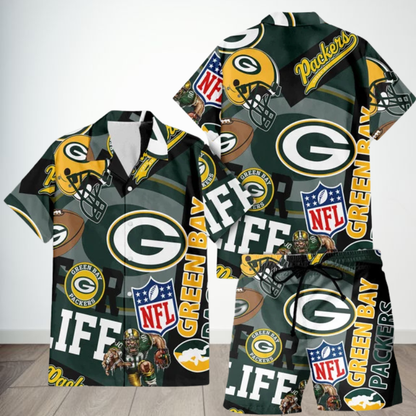 [SPECIAL OFFER] NEW CUSTOMIZED NFL08 GBP GREEN BAY PACKERS UNISEX HAWAIIAN SHIRT & SHORTS SET