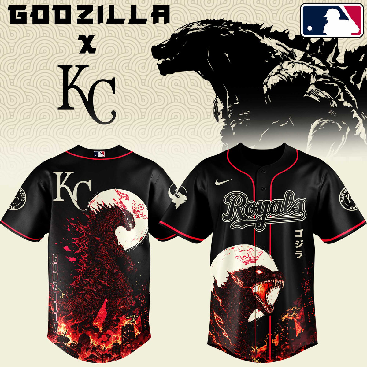[FLASH SALE] NEW CUSTOMIZED MLB19 KCR KANSAS CITY ROYALS x GODZILLA BASEBALL JERSEY & CAP