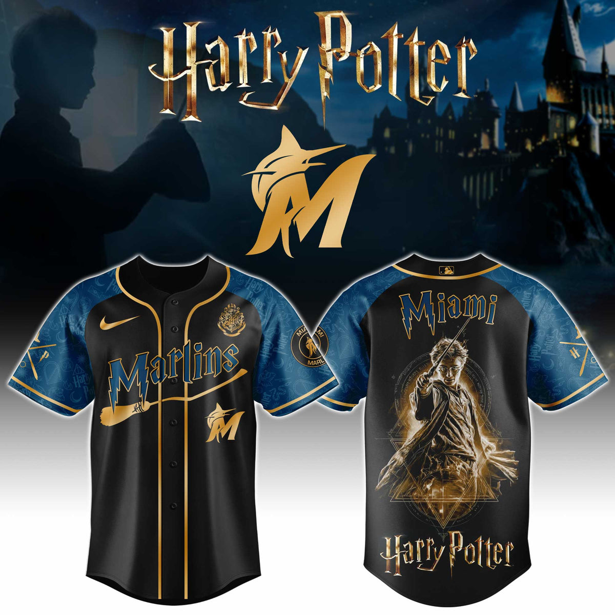 [FLASH SALE] NEW CUSTOMIZED MLB20 MMS MIAMI MARLINS x HARRY POTTER BASEBALL JERSEY & CAP
