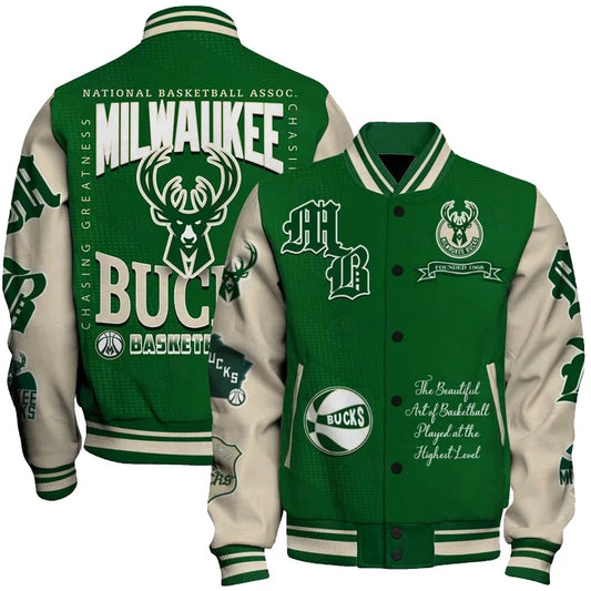 [HOT DEAL] NEW CUSTOMIZED NBA11 MBU MILWAUKEE BUCKS BASEBALL JACKET, SATIN VARSITY JACKET