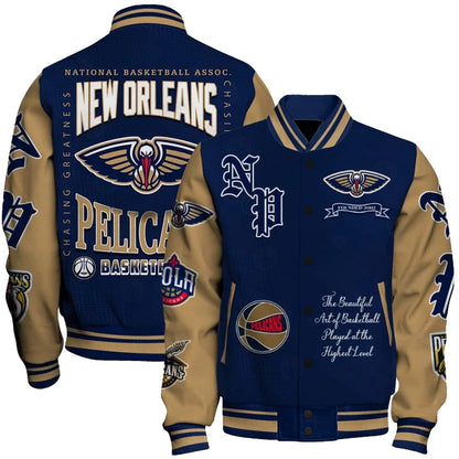 [HOT DEAL] NEW CUSTOMIZED NBA30 NOP NEW ORLEANS PELICANS BASEBALL JACKET, SATIN VARSITY JACKET