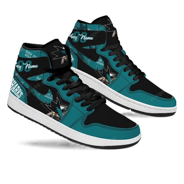 [SUPER SALE] NEW CUSTOMIZED NHL32 SJ SHARKS AIR JORDAN SNEAKERS