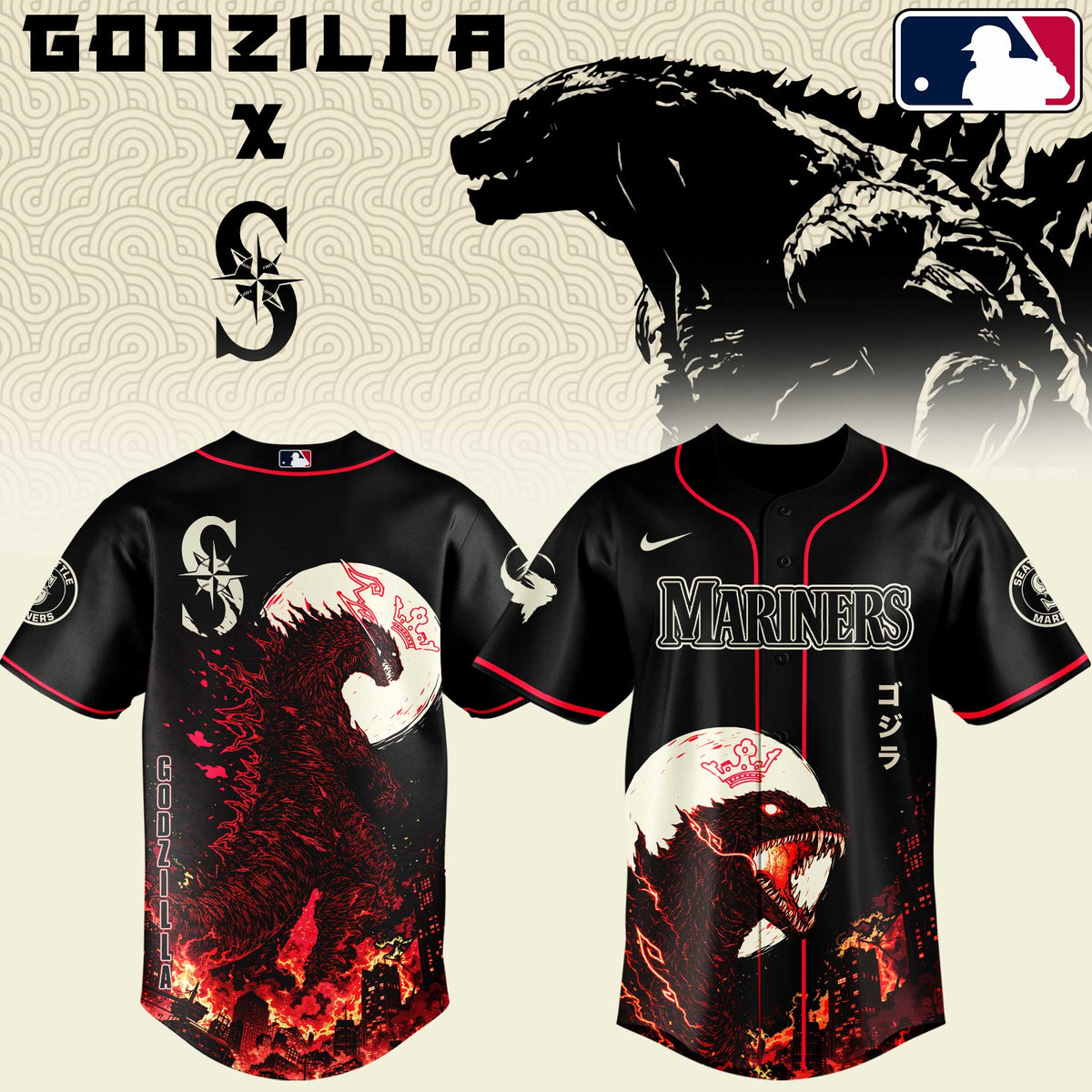[FLASH SALE] NEW CUSTOMIZED MLB14 SMS SEATTLE MARINERS x GODZILLA BASEBALL JERSEY & CAP